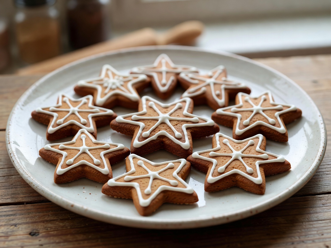 Photograph of white-iced gingerbread stars arranged on a ceramic plate