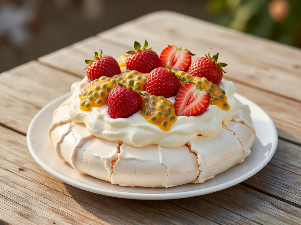 Photograph of a pavlova topped with whipped cream, strawberries and passion fruit