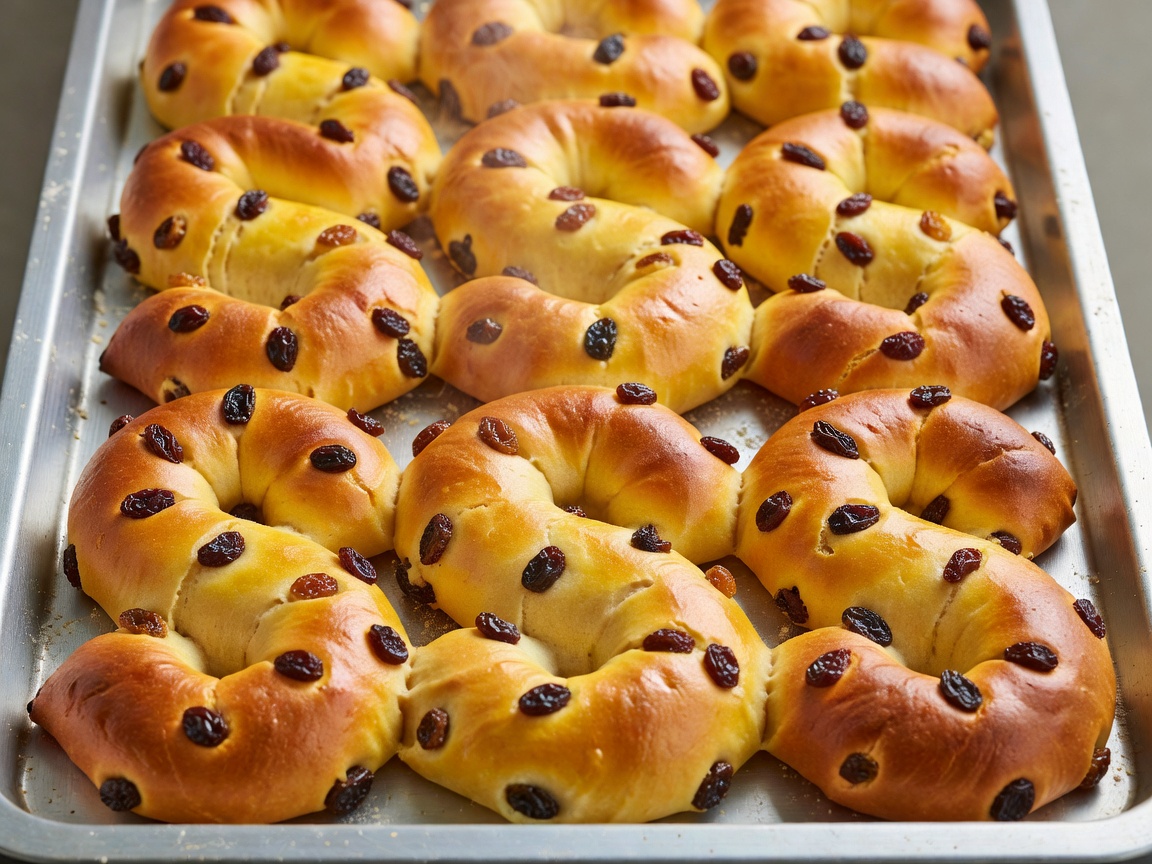 Photograph of golden S-shaped saffron lussekatter buns with raisins on a baking tray