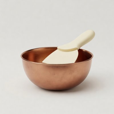 Soft-lit 3D render of a copper mixing bowl with a cream dough scraper on a plain background