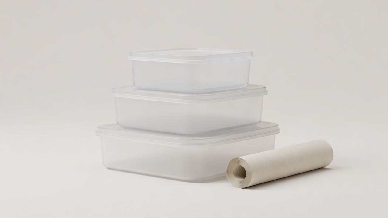 Soft-lit 3D render of stacked labelled freezer containers and a roll of parchment on a plain background