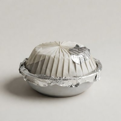 Soft-lit 3D render of a pudding basin covered with pleated parchment and foil on a plain backdrop
