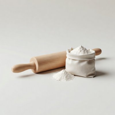 Soft-lit 3D render of a wooden rolling pin and a small bag of flour on a plain background